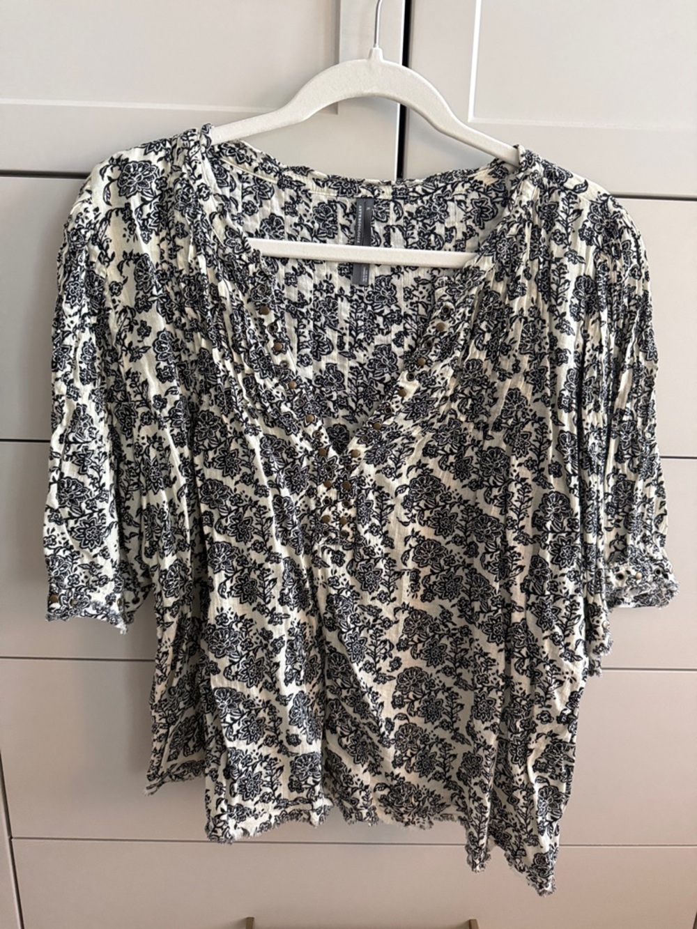 Anthropologie Black & White Floral V-Neck Blouse